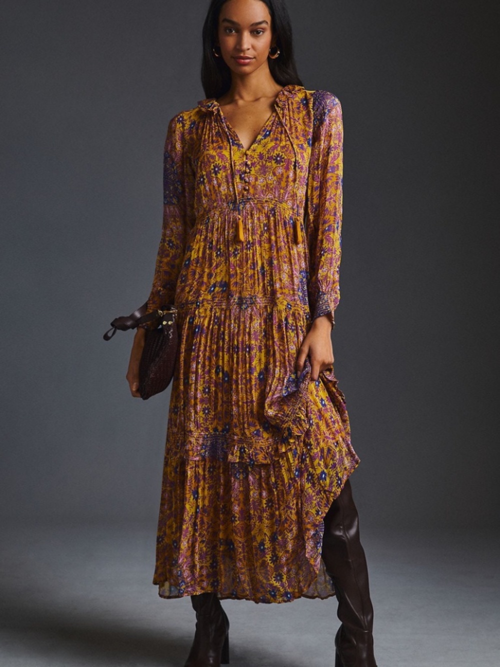 Anthropologie Marias Floral Printed Chiffon Maxi Dress Size L Yellow Purple - Picture 4 of 11